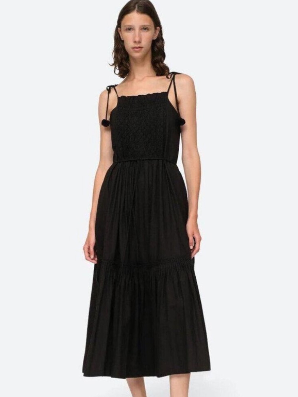 Sea New York Willa Black Tie Waist Smocked Midi Dress Size XS Cotton Tiered